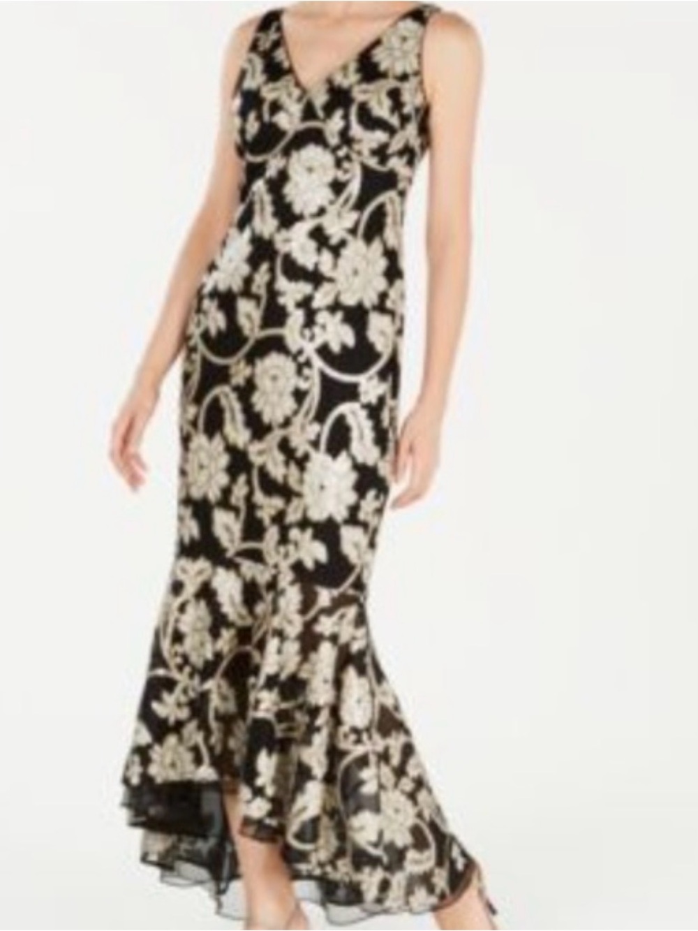 Calvin Klein Black Maxi Dress with Gold Floral Embroidery